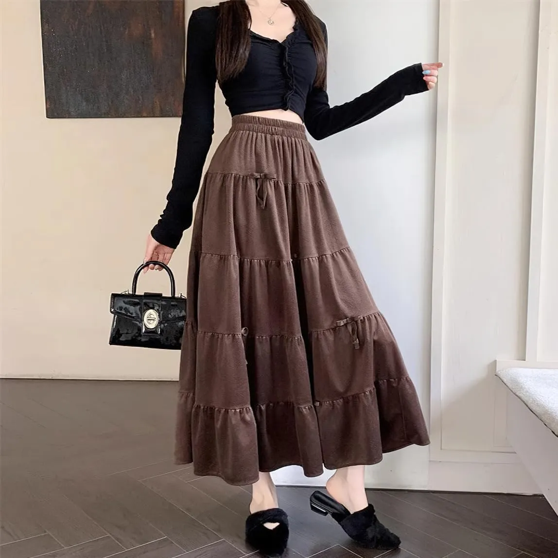 chouyatou Womens Elastic High Waist Velvet Skirt Cute Pleated A Line Flared Midi Tiered Skirt with Bowknot