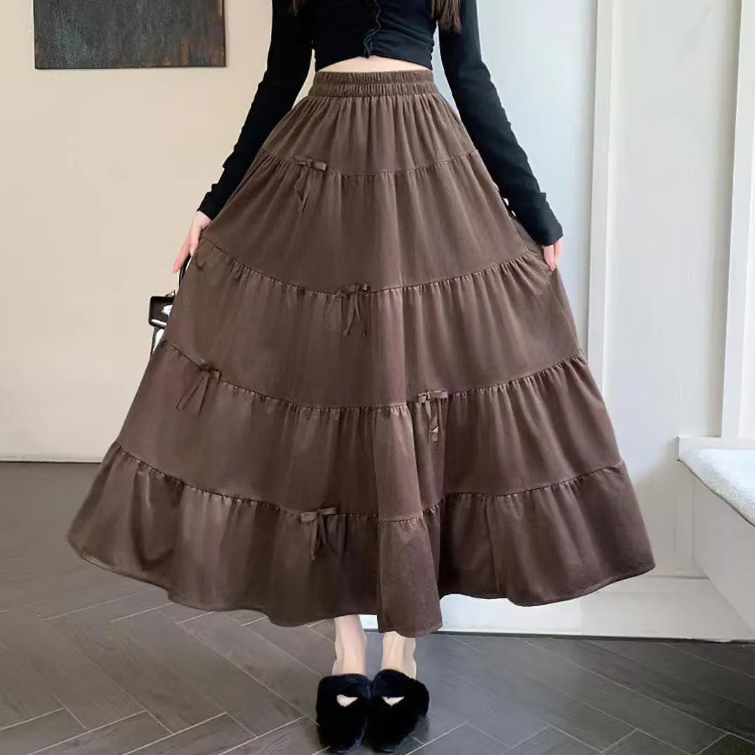 chouyatou Womens Elastic High Waist Velvet Skirt Cute Pleated A Line Flared Midi Tiered Skirt with Bowknot