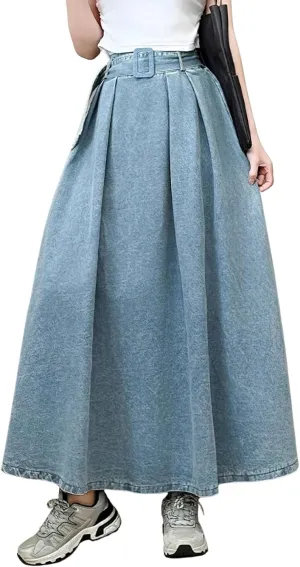 chouyatou Women's Ruffle Denim Skirt Elastic High Waist Pleated A Line Swing Maxi Long Jean Skirt with Belt