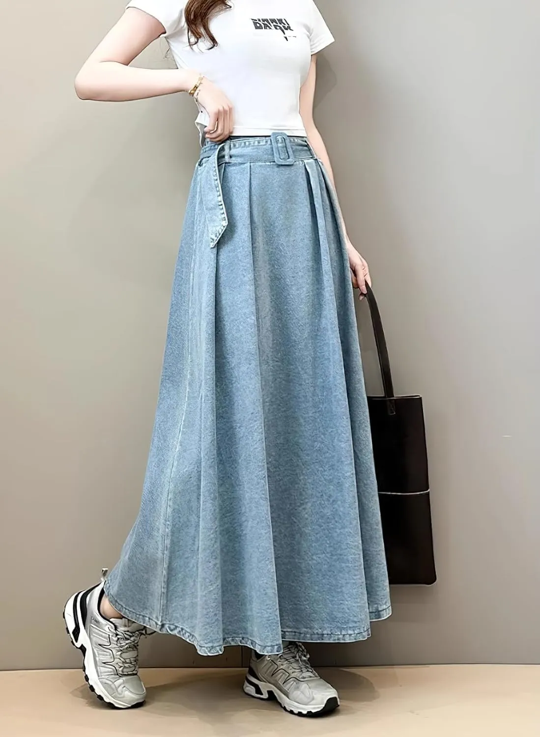 chouyatou Women's Ruffle Denim Skirt Elastic High Waist Pleated A Line Swing Maxi Long Jean Skirt with Belt