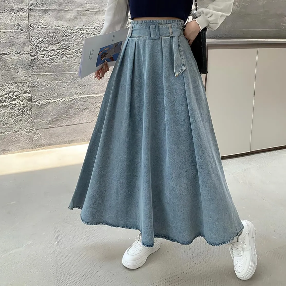 chouyatou Women's Ruffle Denim Skirt Elastic High Waist Pleated A Line Swing Maxi Long Jean Skirt with Belt