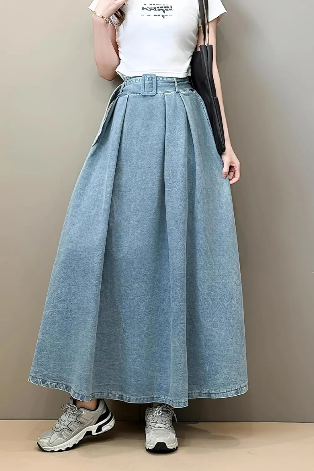 chouyatou Women's Ruffle Denim Skirt Elastic High Waist Pleated A Line Swing Maxi Long Jean Skirt with Belt