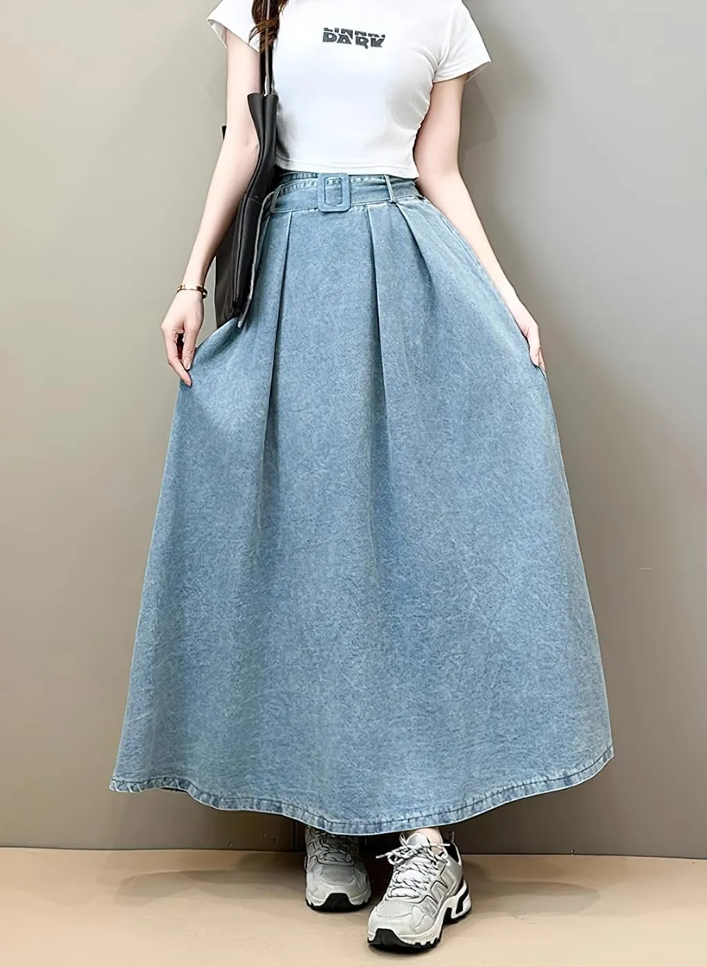 chouyatou Women's Ruffle Denim Skirt Elastic High Waist Pleated A Line Swing Maxi Long Jean Skirt with Belt