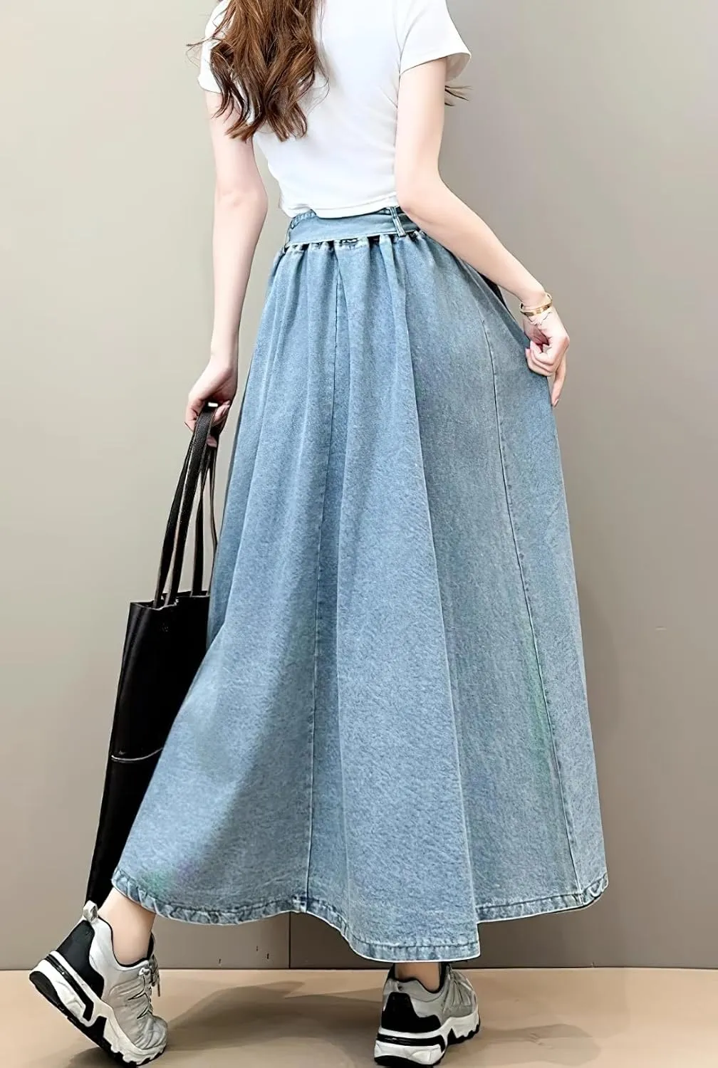 chouyatou Women's Ruffle Denim Skirt Elastic High Waist Pleated A Line Swing Maxi Long Jean Skirt with Belt