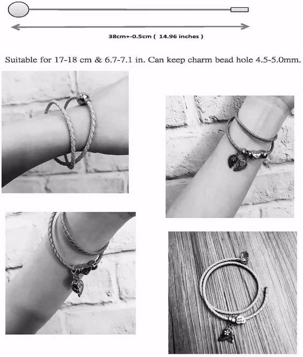 Christmas Gift Leather Charm Braided Chain Silver Plated Womens Bead Charms for Bracelets Jewelry 38cm14.96in(18cm 7.1in)