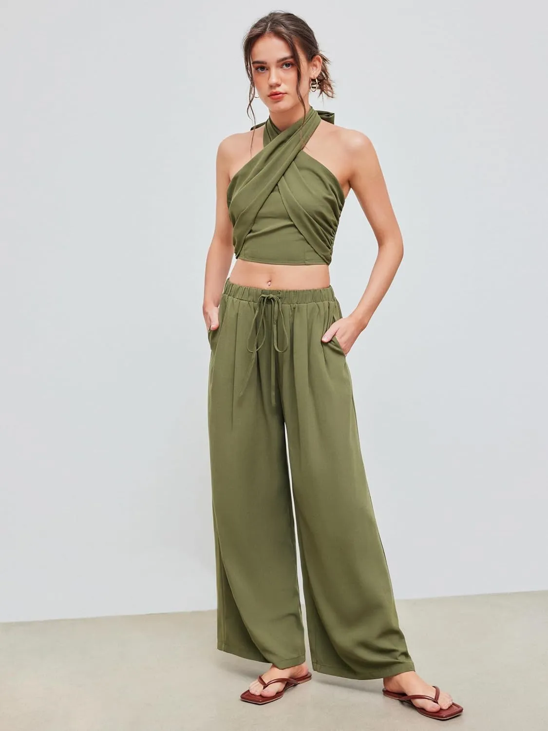 CIDER Palazzo Pants for Women Wide Leg Drawsting Elastic High Waisted Comfy Casual Flowy Pants with Pockets