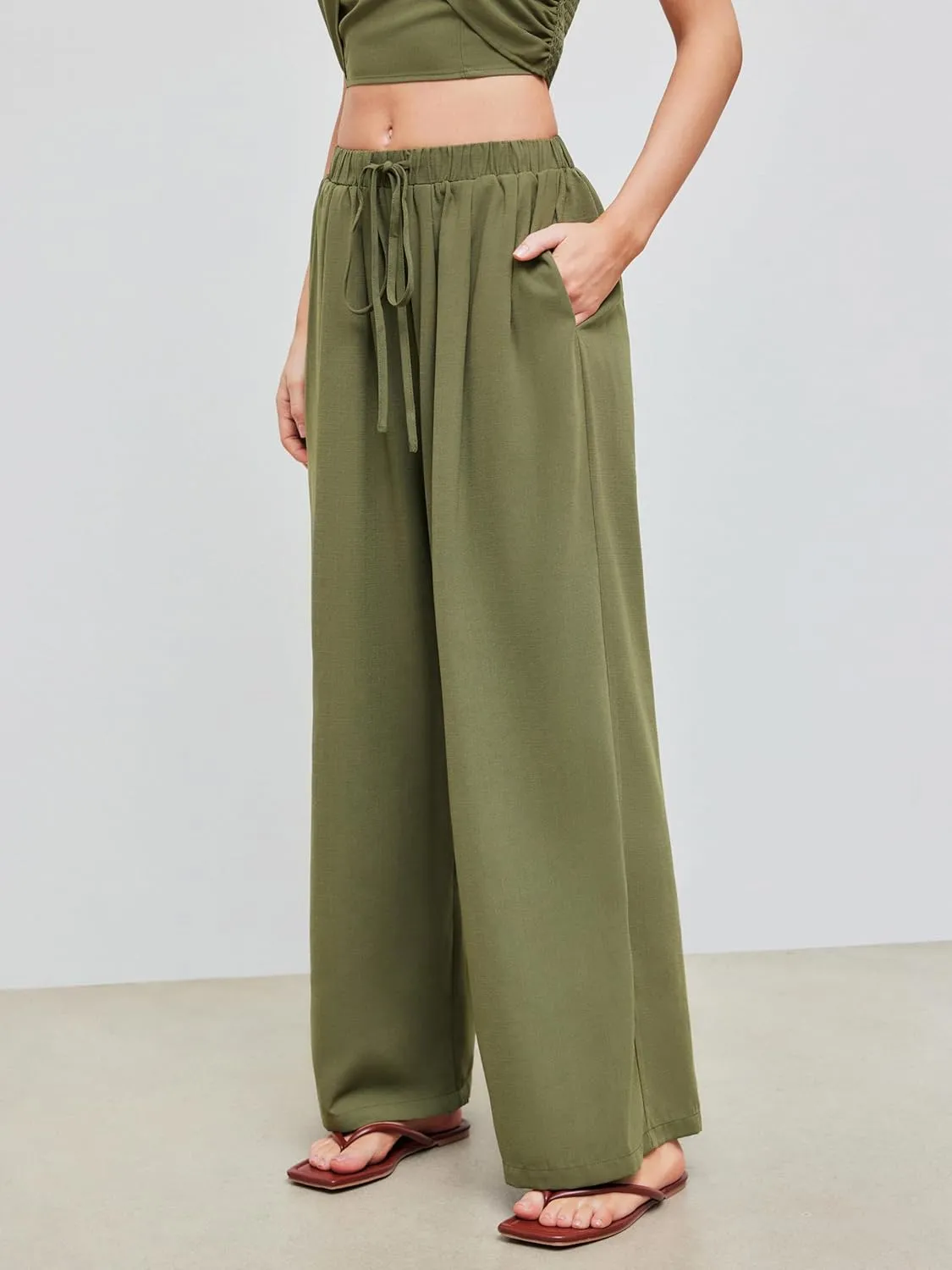 CIDER Palazzo Pants for Women Wide Leg Drawsting Elastic High Waisted Comfy Casual Flowy Pants with Pockets