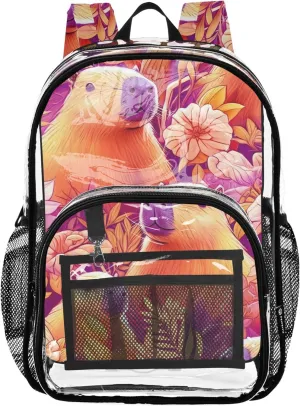 Clear Backpack for Women Cartoon Cute Capybaras Floral Boys Backpacks for Girls Plastic School Clear Bookbag