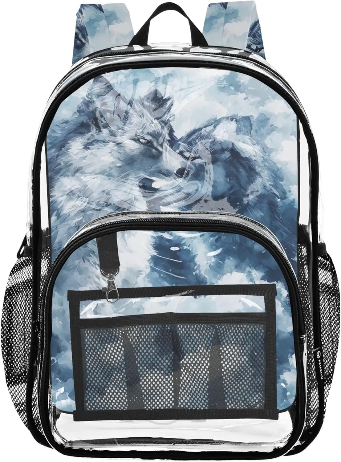 Clear Backpack for Women Kids Backpack Boys Girls Plastic See through Bookbag Watercolor Grey Wolves