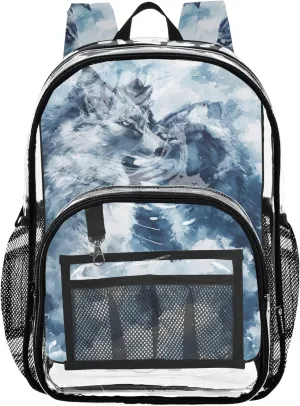 Clear Backpack for Women Kids Backpack Boys Girls Plastic See through Bookbag Watercolor Grey Wolves