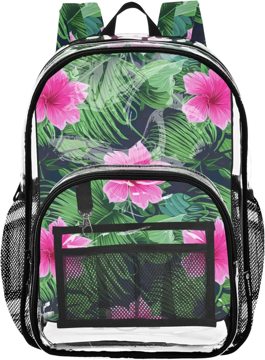Clear Backpack for Women Kids Girls Backpack Boys School Clear Plastic Bag Pvc Vibrant Pink Flowers Green Leaves