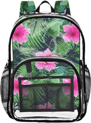 Clear Backpack for Women Kids Girls Backpack Boys School Clear Plastic Bag Pvc Vibrant Pink Flowers Green Leaves
