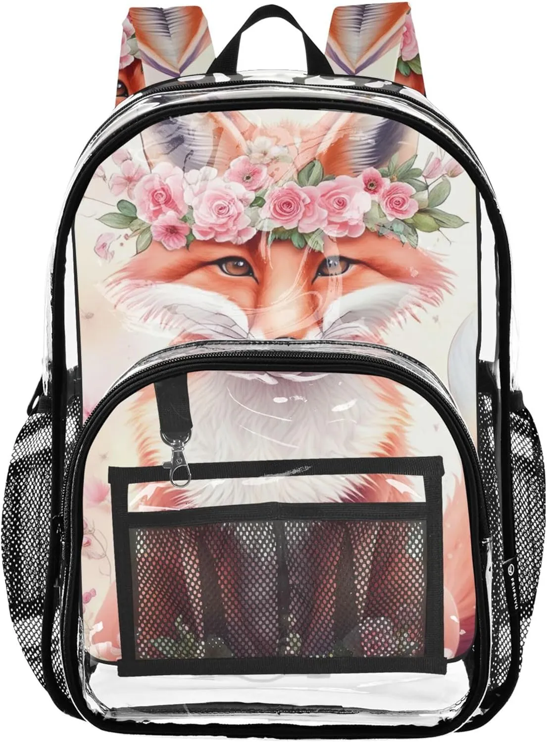 Clear Backpack for Women Watercolor Fox Wreath Flowers Kids Backpack Boys Girls Approved Plastic Bag Large