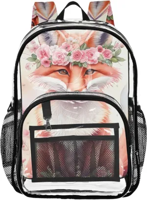 Clear Backpack for Women Watercolor Fox Wreath Flowers Kids Backpack Boys Girls Approved Plastic Bag Large