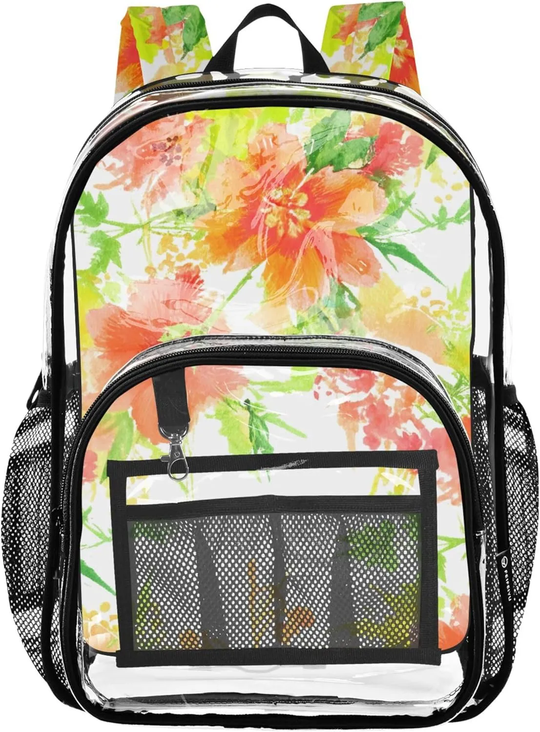 Clear Bag for Women Travel Boys Backpacks for Girls Large Plastic Approved Bag Orange Flowers Yellow Green White