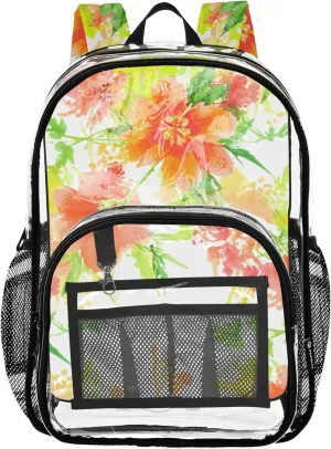 Clear Bag for Women Travel Boys Backpacks for Girls Large Plastic Approved Bag Orange Flowers Yellow Green White