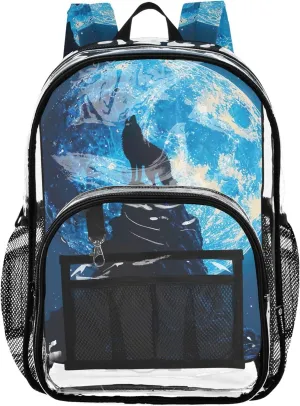 Clear Bag for Women Travel Boys Backpacks for Girls Plastic See through Bookbag Wolf Howling Moon Night