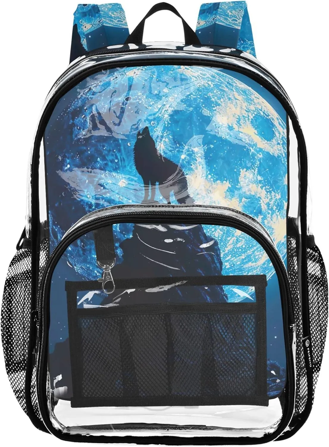 Clear Bag for Women Travel Boys Backpacks for Girls Plastic See through Bookbag Wolf Howling Moon Night