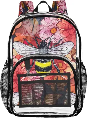 Clear Bag for Women Travel Vintage Bee Red Flowers Navy Boys Backpacks for Girls See through Approved Bag