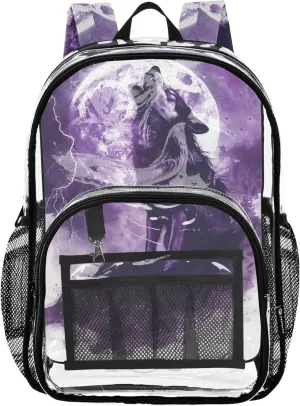 Clear Bag for Women Travel Violet Wolf Howling Moon Girls Backpack for Kids Large Plastic Approved Bag