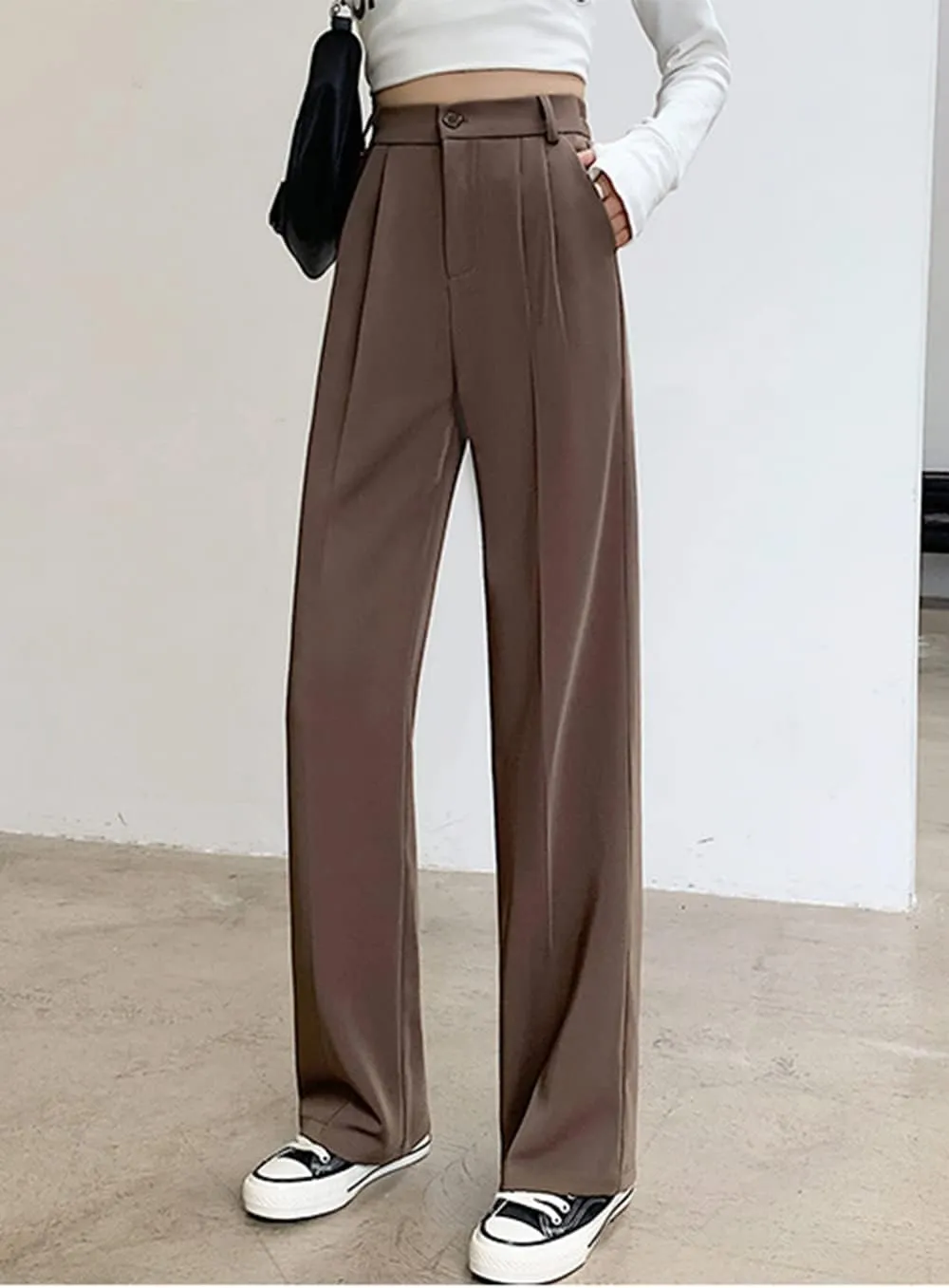 Cocoinsity Women Casual Suit Pants High Waist Solid Button Down Straight Loose Trousers