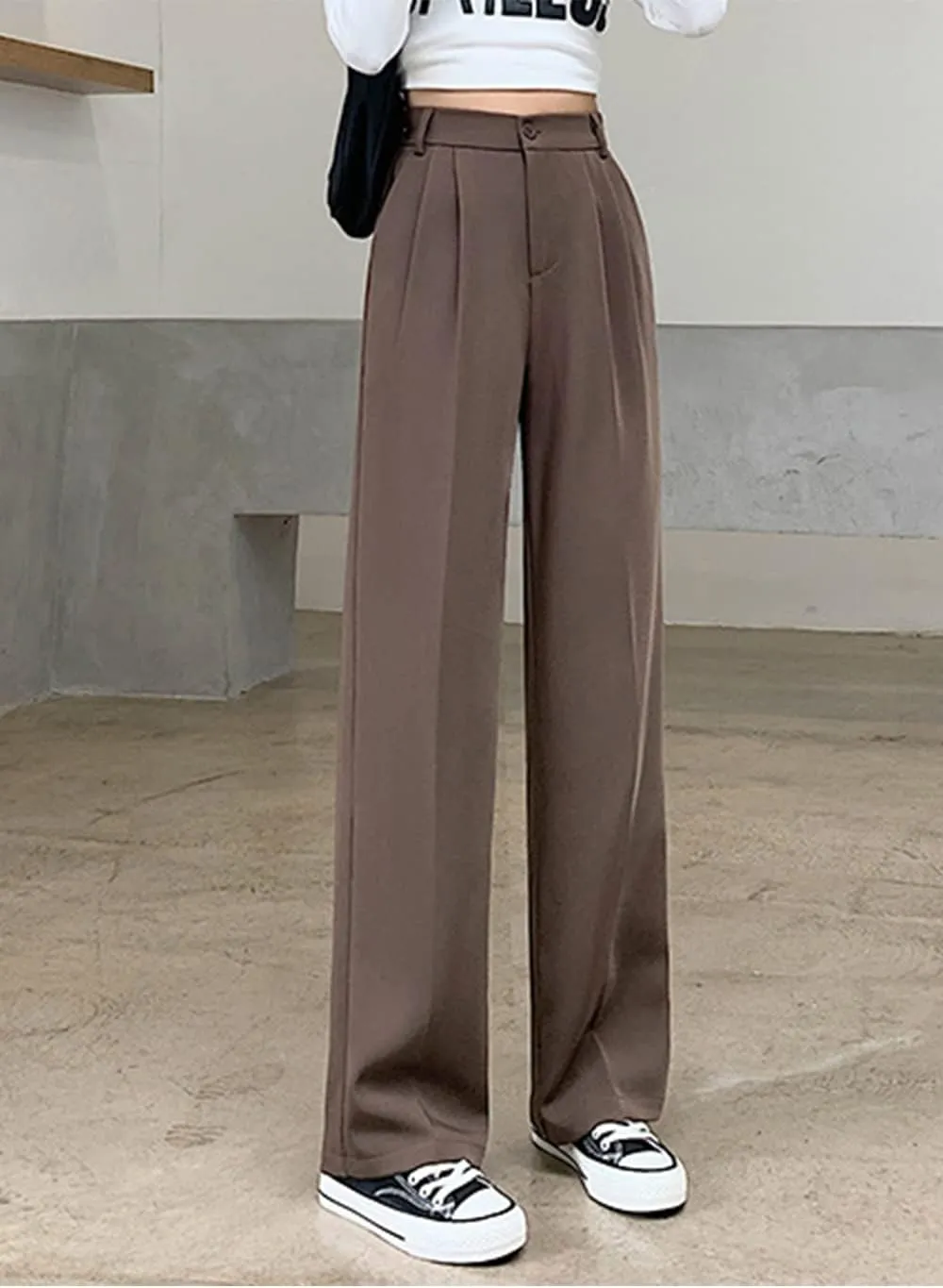 Cocoinsity Women Casual Suit Pants High Waist Solid Button Down Straight Loose Trousers