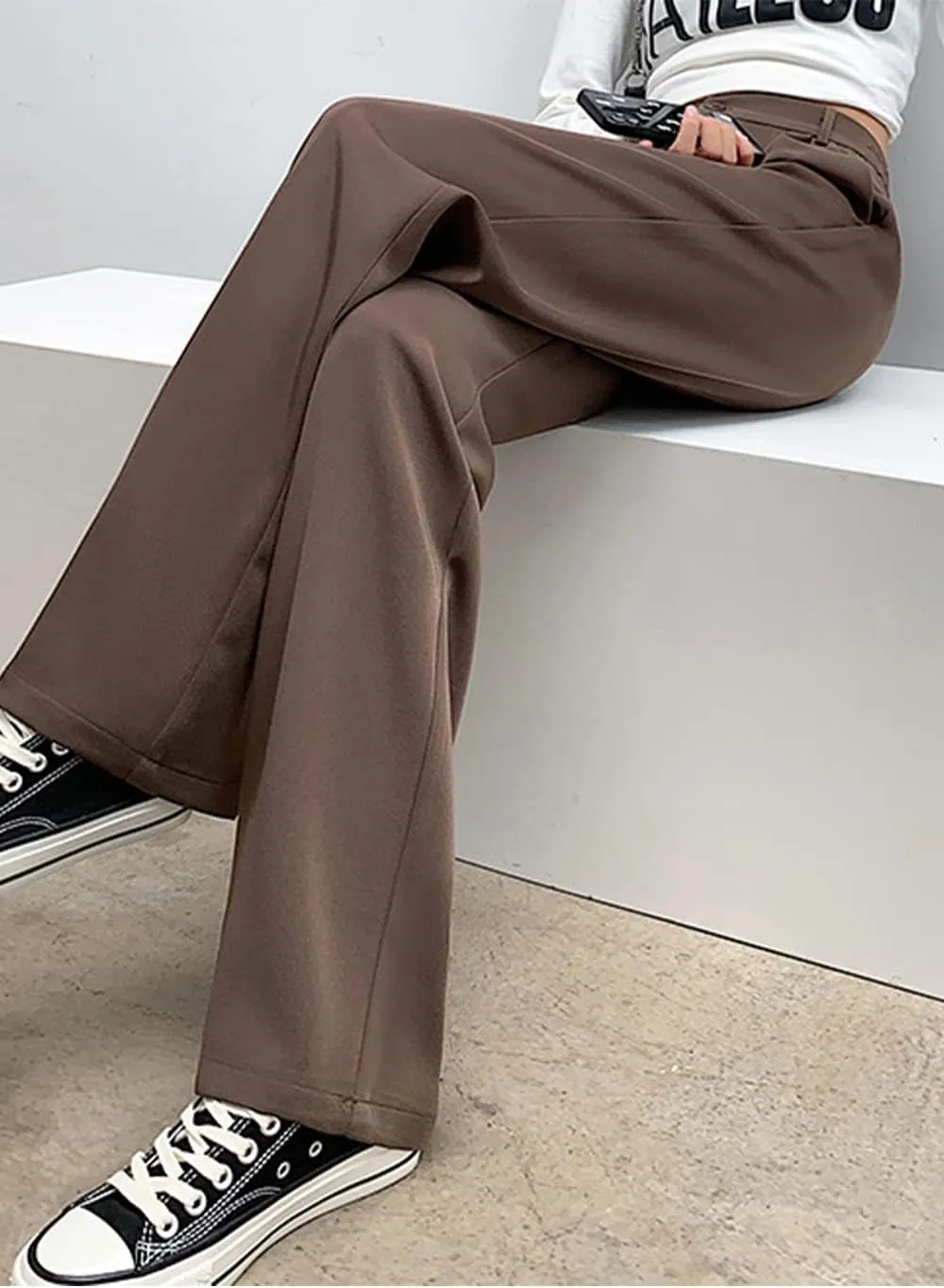 Cocoinsity Women Casual Suit Pants High Waist Solid Button Down Straight Loose Trousers