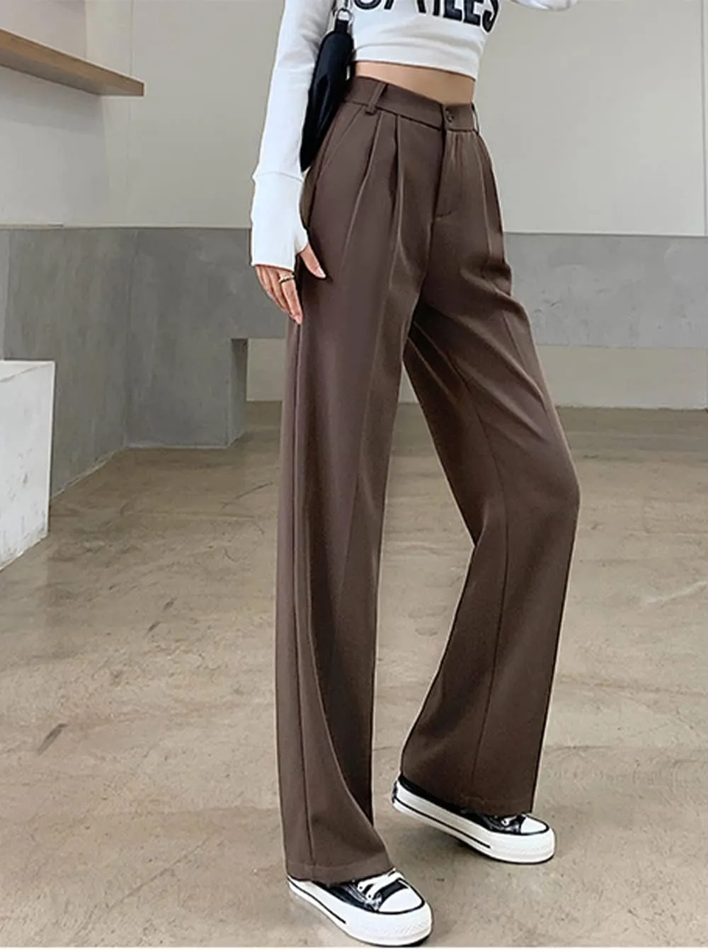 Cocoinsity Women Casual Suit Pants High Waist Solid Button Down Straight Loose Trousers