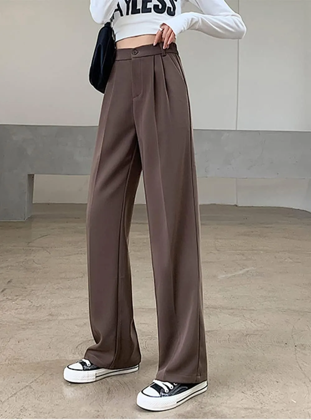 Cocoinsity Women Casual Suit Pants High Waist Solid Button Down Straight Loose Trousers