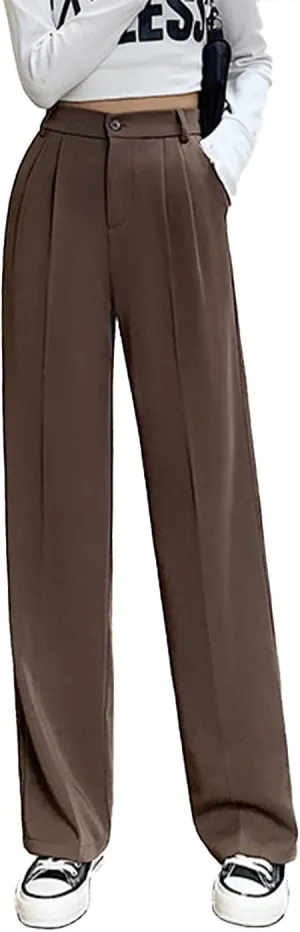 Cocoinsity Women Casual Suit Pants High Waist Solid Button Down Straight Loose Trousers
