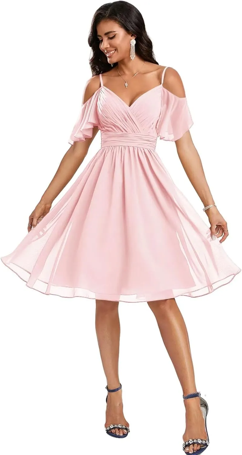 Cold Shoulder Bridesmaid Dresses 2025 Short Formal Dress for Women Chiffon Evening Gown with Sleeves