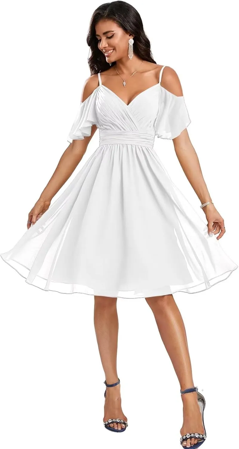 Cold Shoulder Bridesmaid Dresses 2025 Short Formal Dress for Women Chiffon Evening Gown with Sleeves