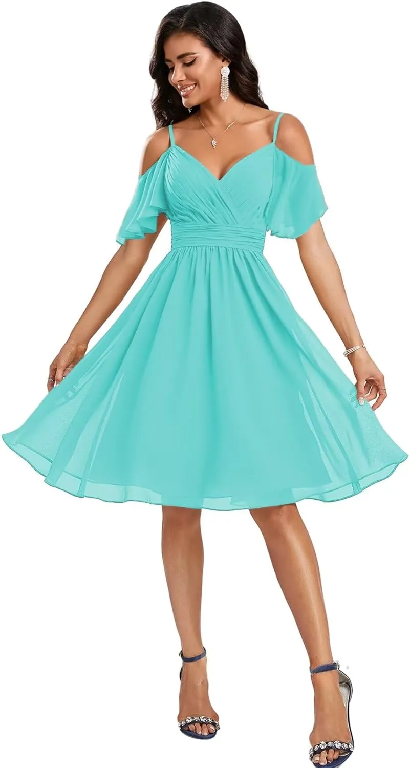 Cold Shoulder Bridesmaid Dresses 2025 Short Formal Dress for Women Chiffon Evening Gown with Sleeves