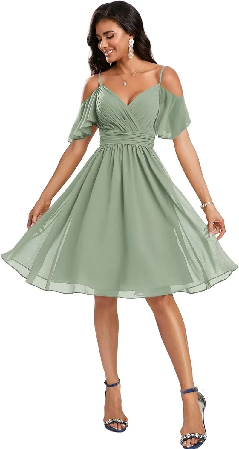 Cold Shoulder Bridesmaid Dresses 2025 Short Formal Dress for Women Chiffon Evening Gown with Sleeves