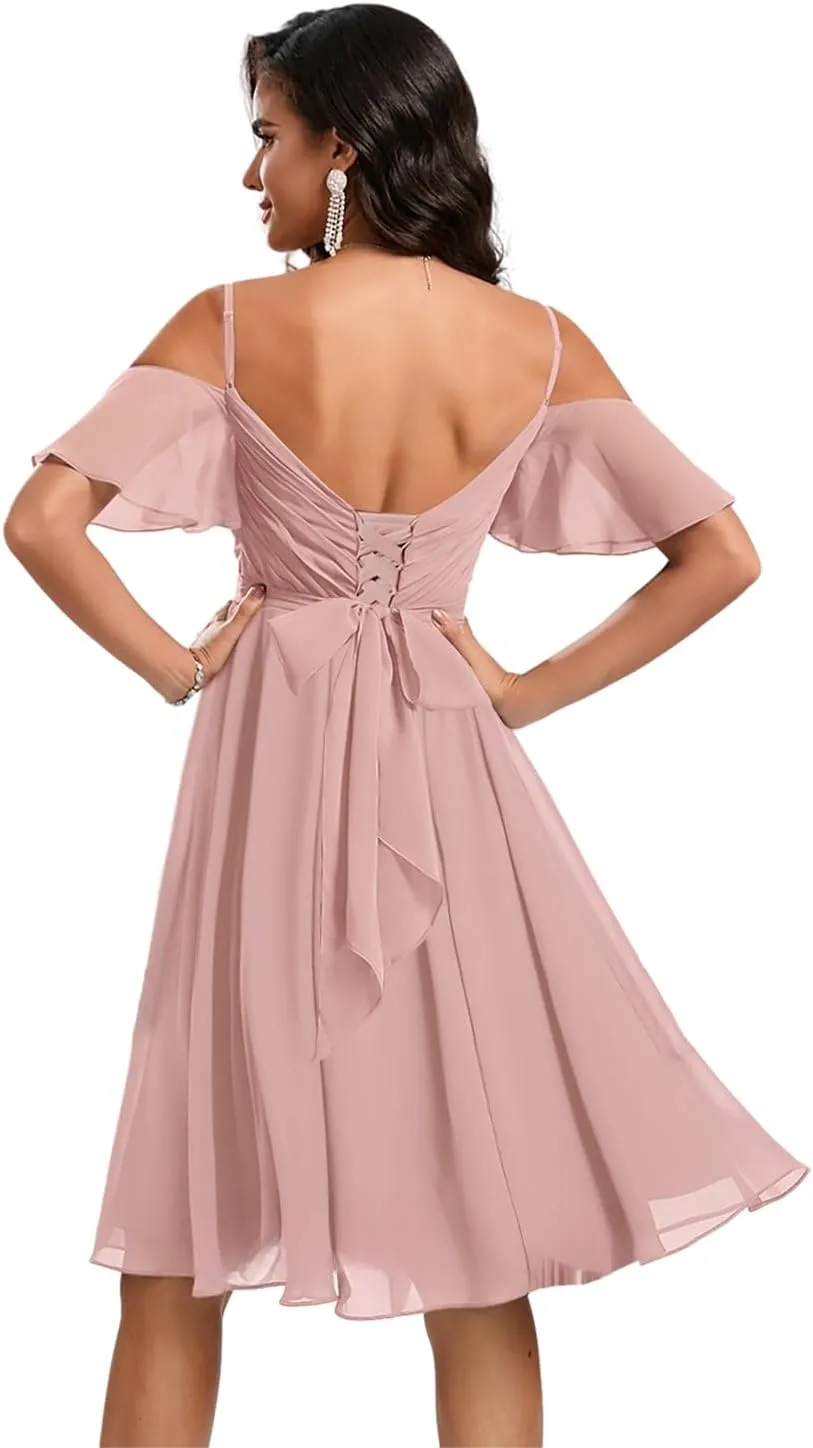 Cold Shoulder Bridesmaid Dresses 2025 Short Formal Dress for Women Chiffon Evening Gown with Sleeves
