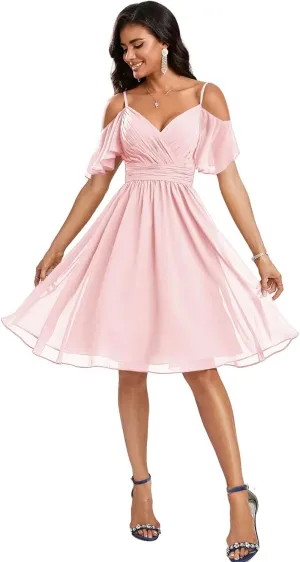 Cold Shoulder Bridesmaid Dresses 2025 Short Formal Dress for Women Chiffon Evening Gown with Sleeves