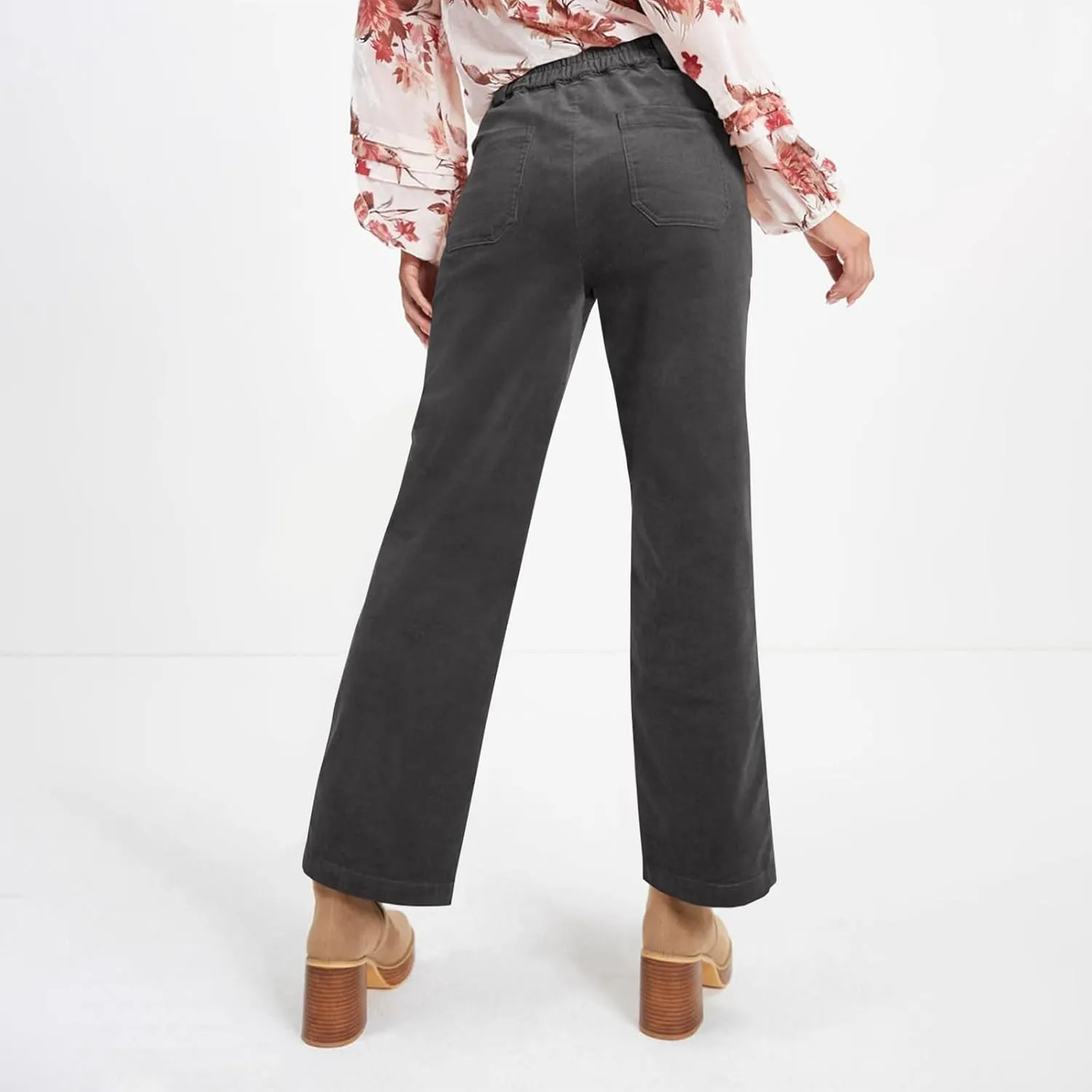 Corduroy Pants Women Elastic High Waisted Straight Leg Work Pants Business Casual Loose Trousers Pants with Pockets