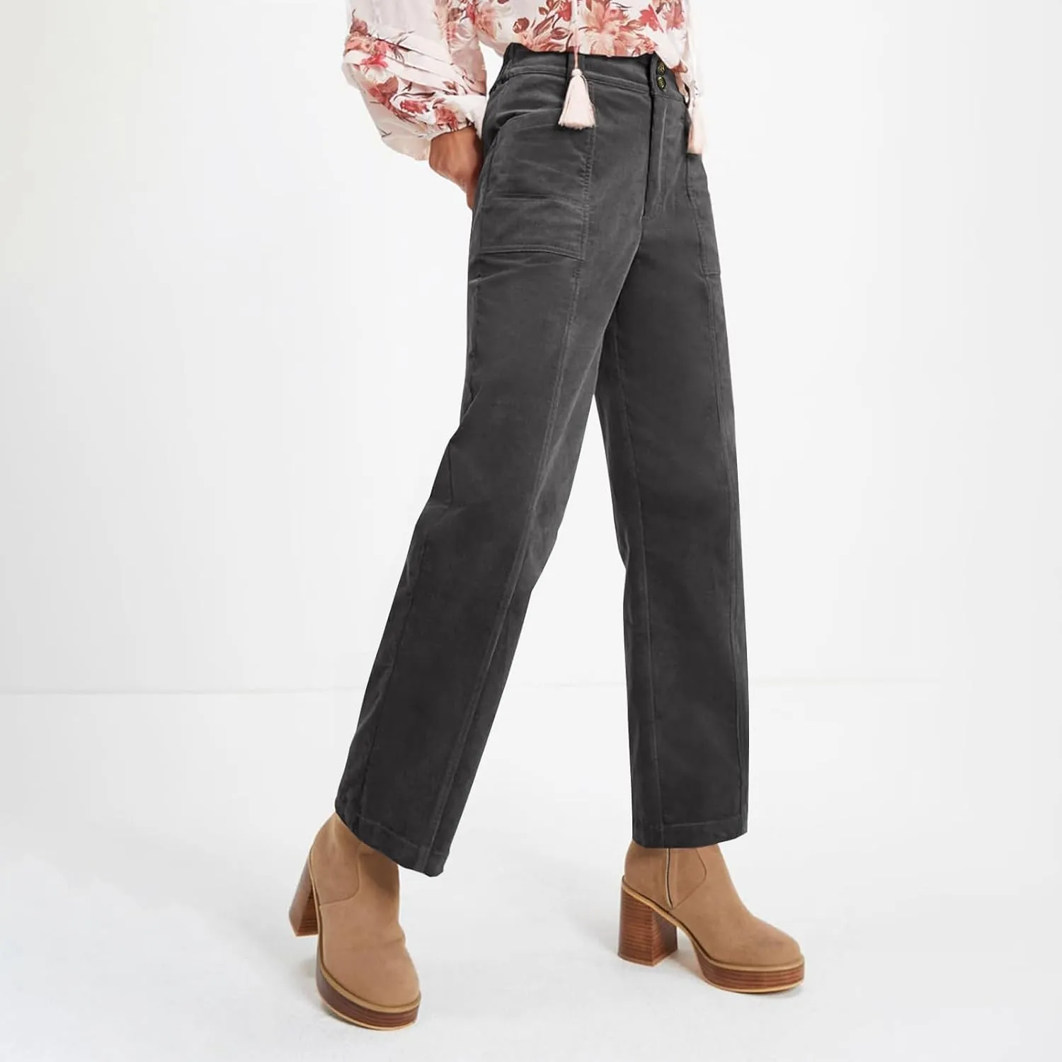Corduroy Pants Women Elastic High Waisted Straight Leg Work Pants Business Casual Loose Trousers Pants with Pockets