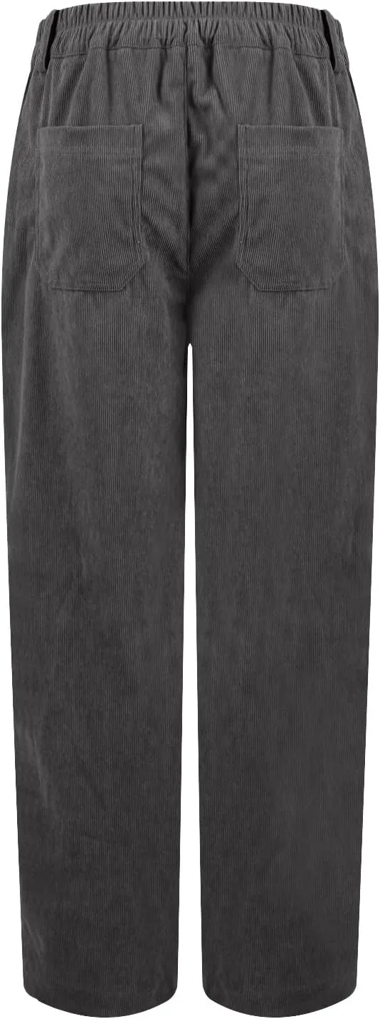 Corduroy Pants Women Elastic High Waisted Straight Leg Work Pants Business Casual Loose Trousers Pants with Pockets