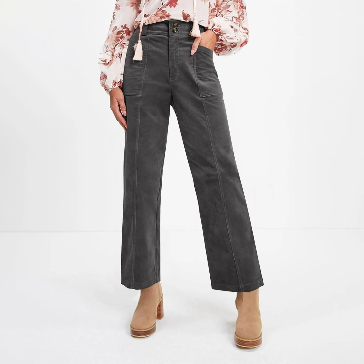 Corduroy Pants Women Elastic High Waisted Straight Leg Work Pants Business Casual Loose Trousers Pants with Pockets