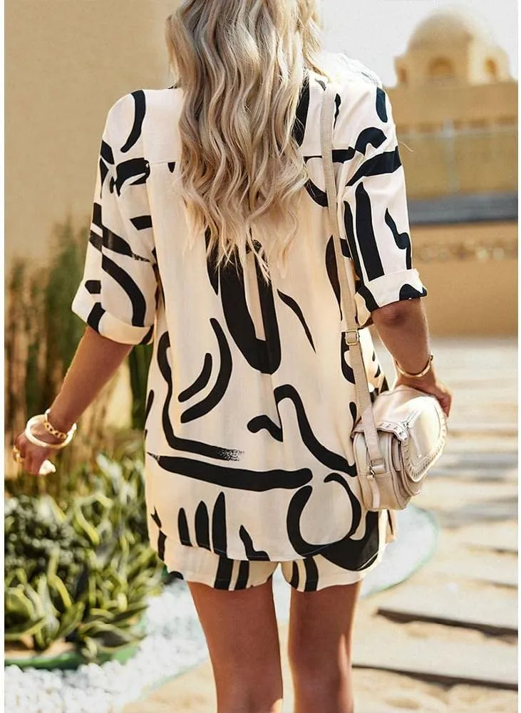 CROSTRITON Womens Summer Loose 2 Pieces Outfit Set Button Down Short Sleeve Shirt and Elastic Shorts Loungewear Tracksuit