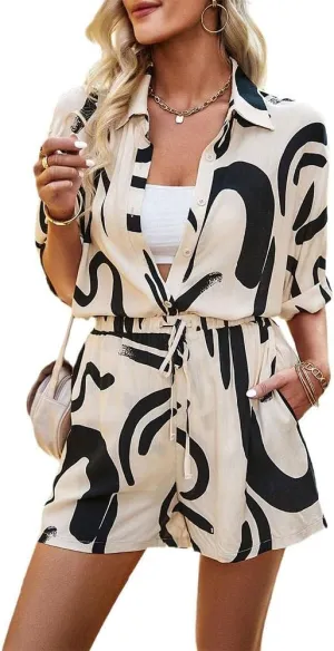 CROSTRITON Womens Summer Loose 2 Pieces Outfit Set Button Down Short Sleeve Shirt and Elastic Shorts Loungewear Tracksuit