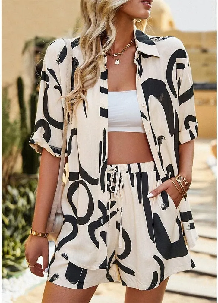 CROSTRITON Womens Summer Loose 2 Pieces Outfit Set Button Down Short Sleeve Shirt and Elastic Shorts Loungewear Tracksuit