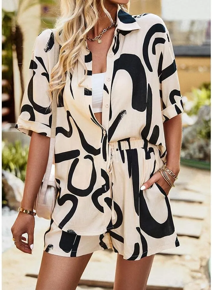 CROSTRITON Womens Summer Loose 2 Pieces Outfit Set Button Down Short Sleeve Shirt and Elastic Shorts Loungewear Tracksuit