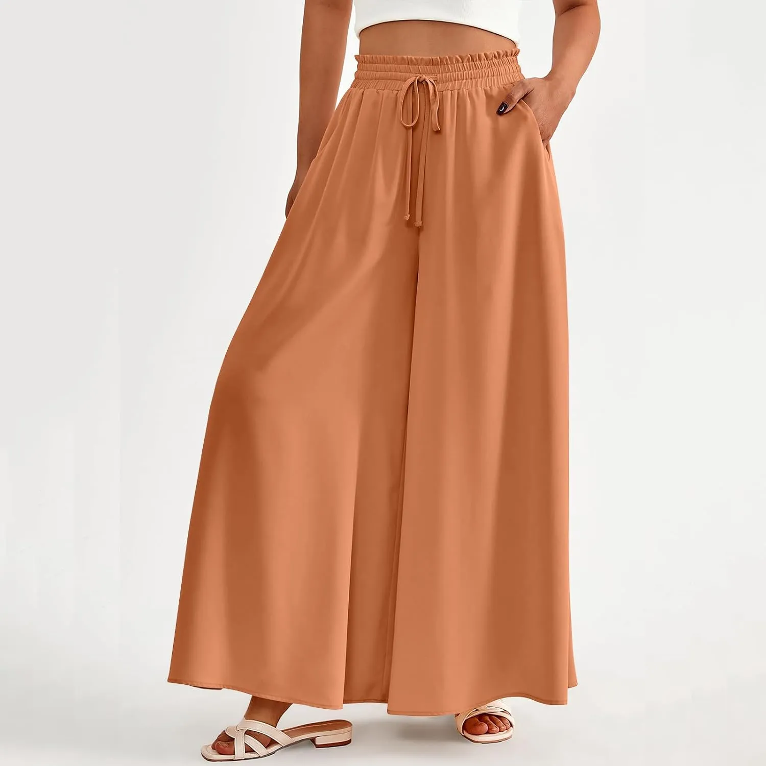 Culottes for Women Casual High Waist Wide Leg Pants Summer Floral Palazzo Pants Lounge Beach Trousers with Pocket