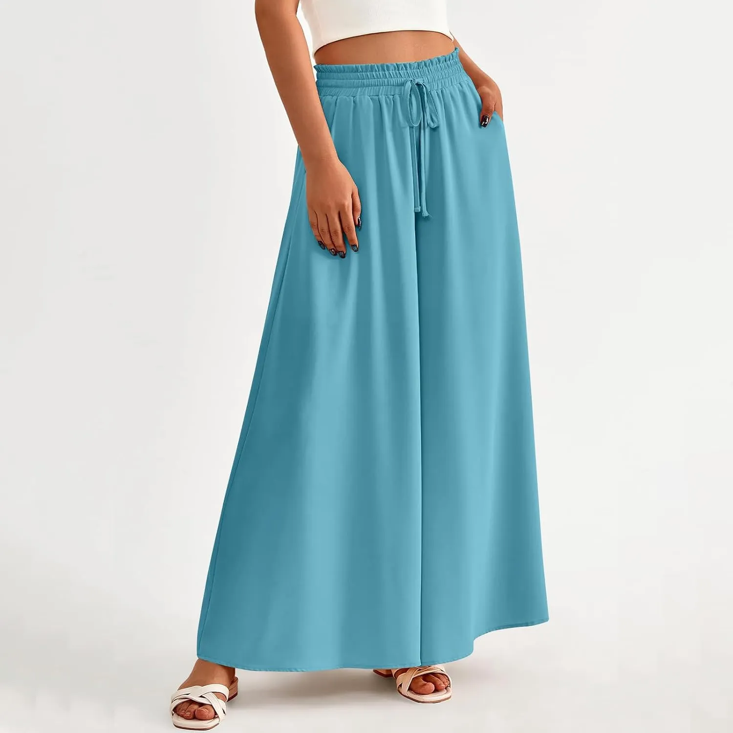 Culottes for Women Casual High Waist Wide Leg Pants Summer Floral Palazzo Pants Lounge Beach Trousers with Pocket