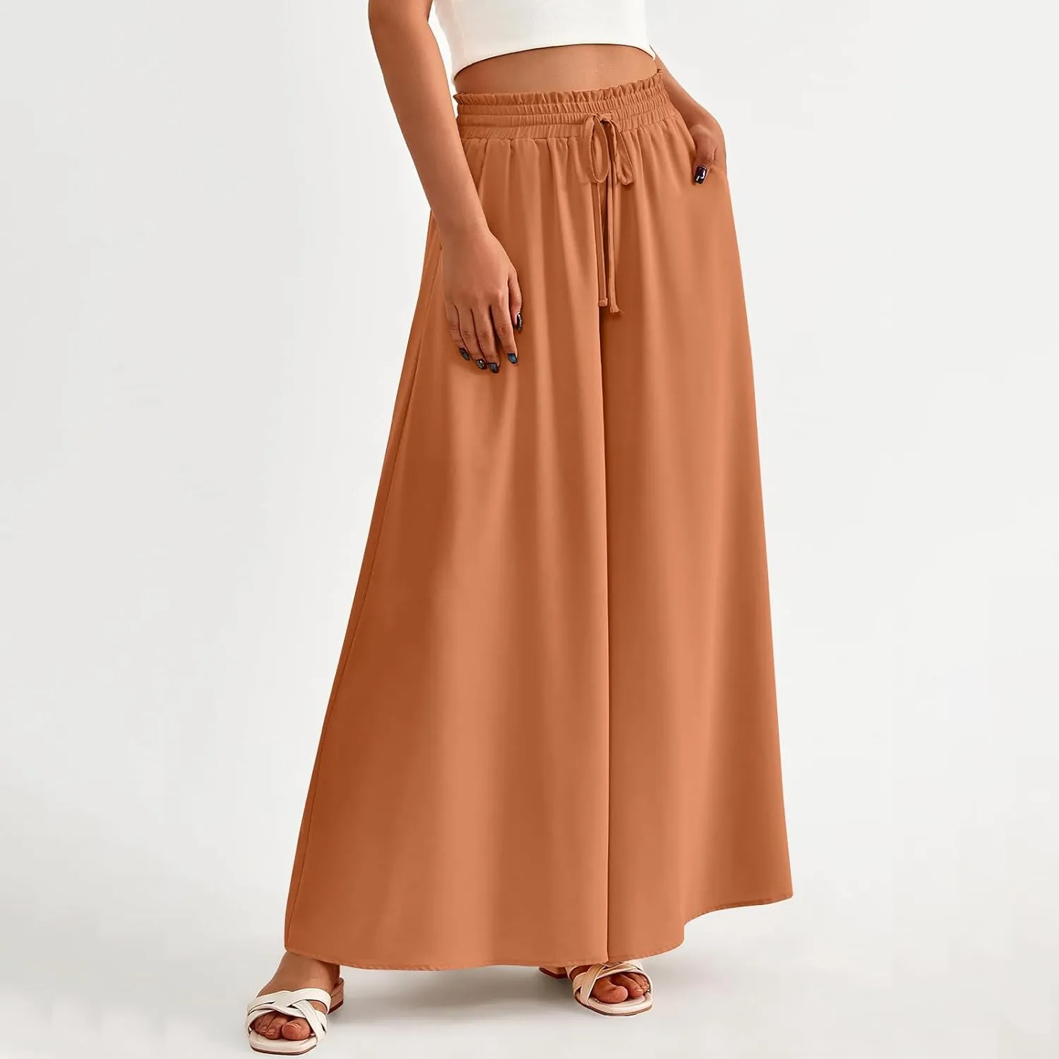 Culottes for Women Casual High Waist Wide Leg Pants Summer Floral Palazzo Pants Lounge Beach Trousers with Pocket