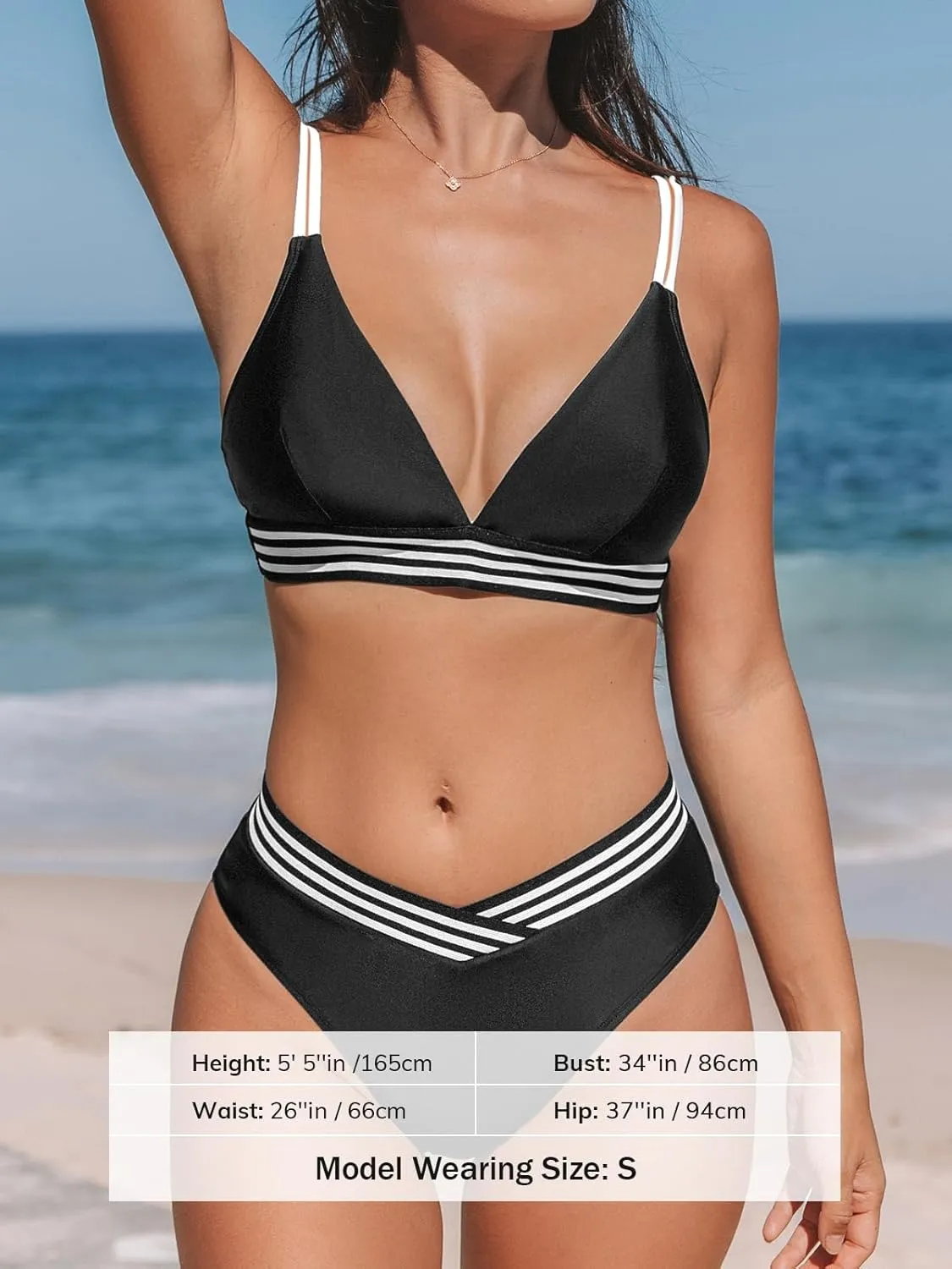 CUPSHE Women's Bikini Sets V Neck Two Piece Bathing Suit High Waisted Color Block Adjustable Double Straps Back Hook