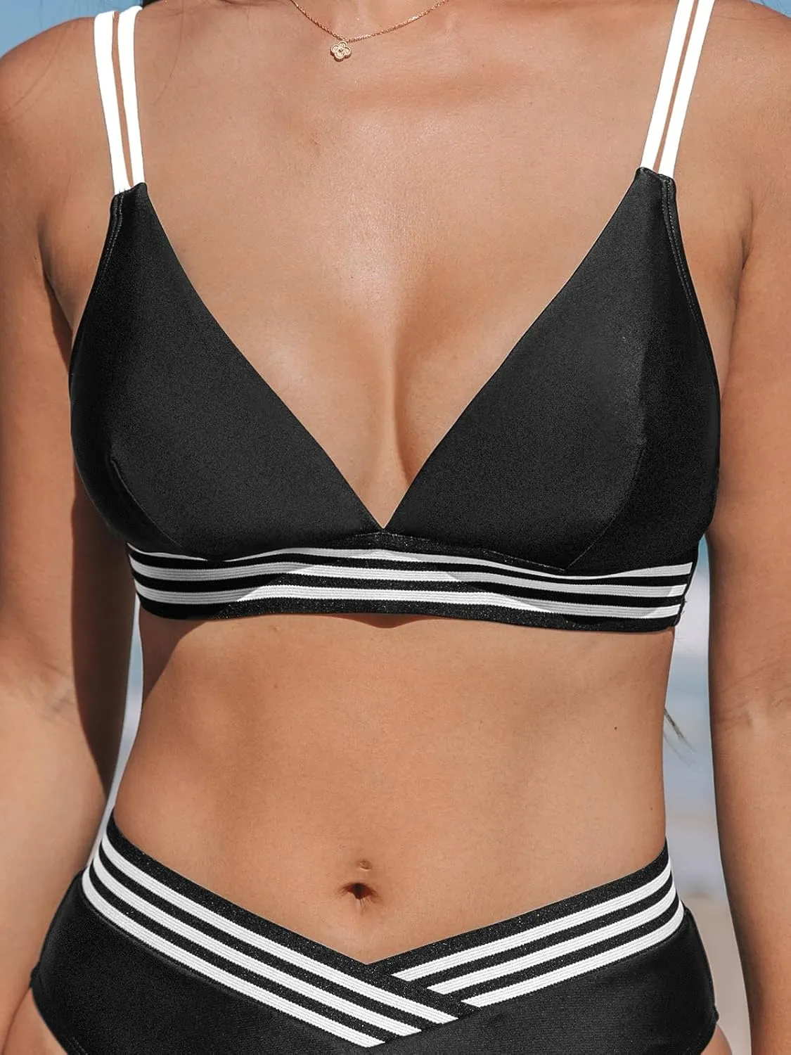 CUPSHE Women's Bikini Sets V Neck Two Piece Bathing Suit High Waisted Color Block Adjustable Double Straps Back Hook
