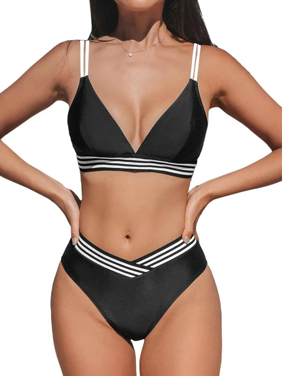CUPSHE Women's Bikini Sets V Neck Two Piece Bathing Suit High Waisted Color Block Adjustable Double Straps Back Hook